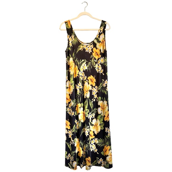 J & J Fashion Hawaii | Women’s Long Sleeveless Tank Dress Black Yellow Hibiscus - Picture 1 of 5